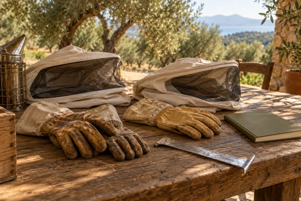 Illustrative image of two beekeeping veils, protective gloves and hive tools on a wooden workbench