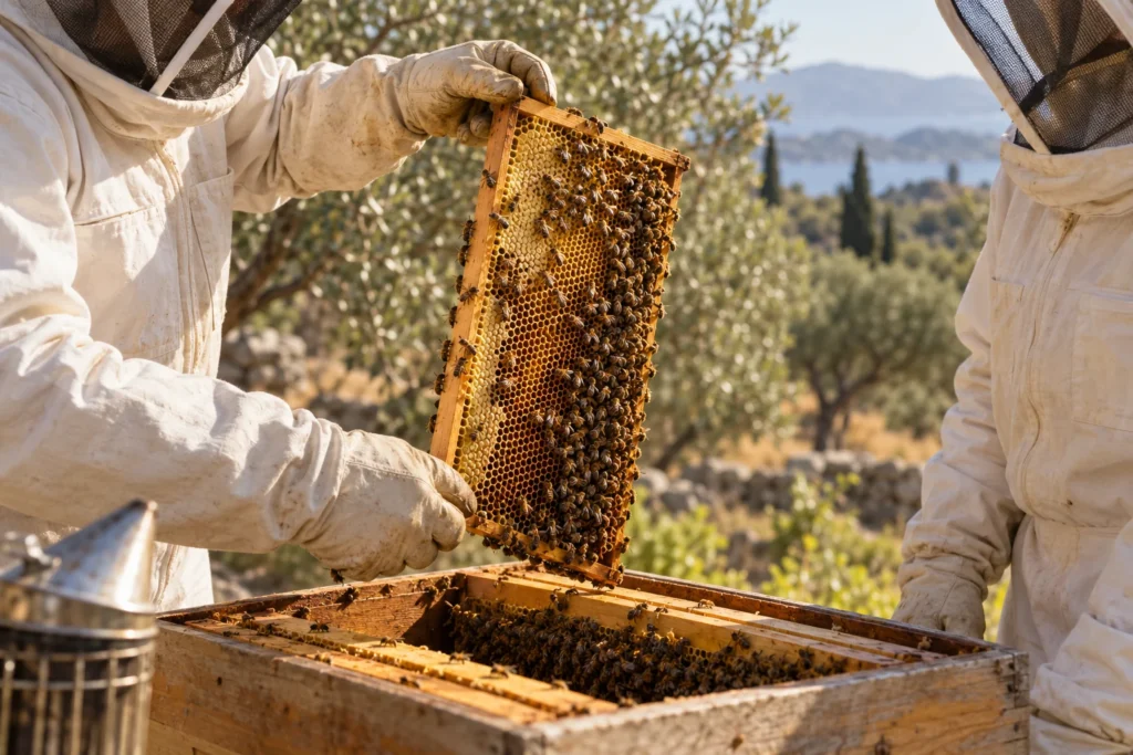 Illustrative image of two protected beekeepers studying a honeycomb frame