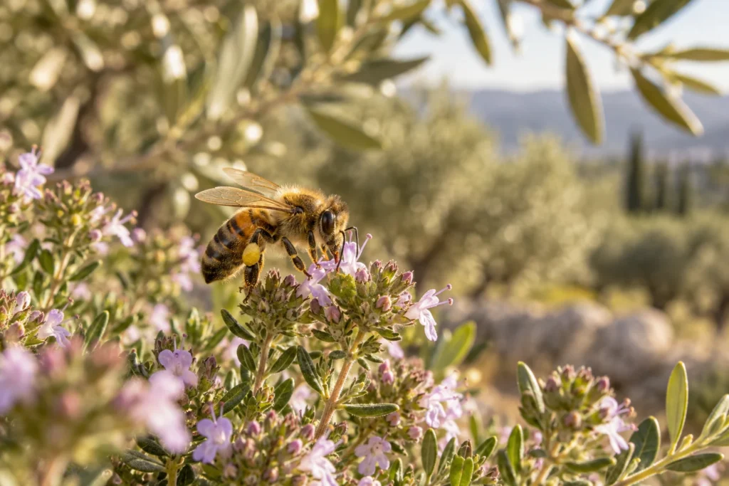 Illustrative close-up of a honeybee foraging on flowering Mediterranean thyme