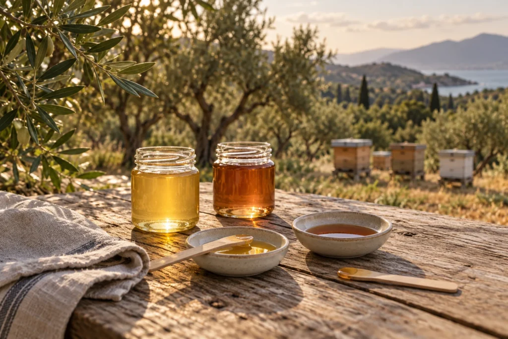 Illustrative honey tasting setting overlooking a Mediterranean olive grove