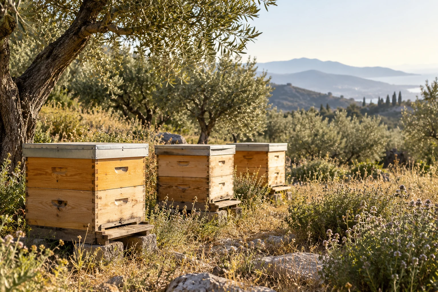 Illustrative image of wooden beehives in a Mediterranean olive grove