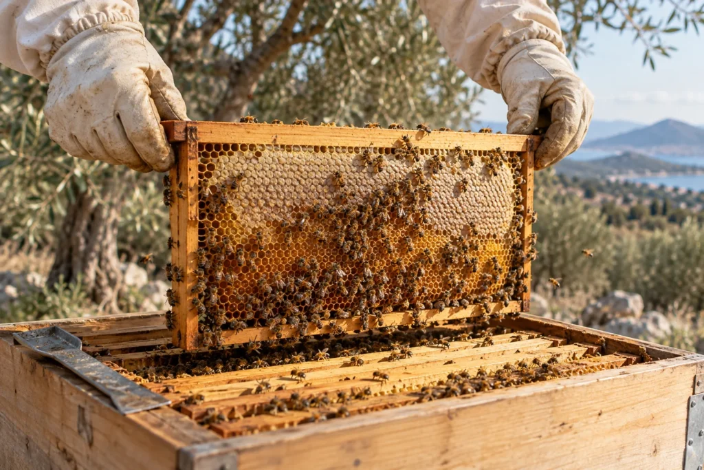 Illustrative image of gloved hands inspecting a honeycomb frame over an open hive