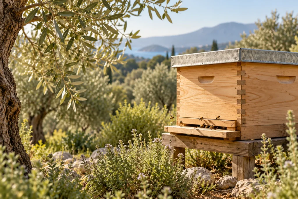 Illustrative image of a wooden beehive among olive trees and thyme